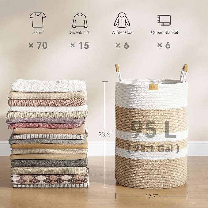 Nunsino 95L Striped Laundry Hamper with Leather Handles,Large Foldable Laundry Basket for Clothes,Cotton Rope Storage Bin for Blankets,Woven Clothes Basket for Bedroom,Beige Stripes
