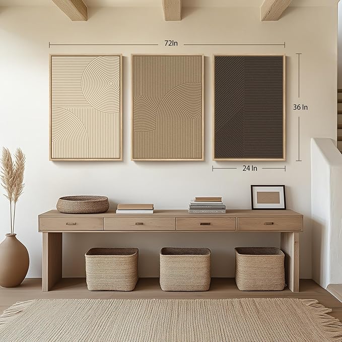 Large 3D Framed Neutral Abstract Wall Art for Living Room, 3 Piece 24x36 In | Solid Wood Frame, Textured Paintings, Beige Brown Tan Geometric Sculptural, Pictures Wall Decor Living room Bedroom Office