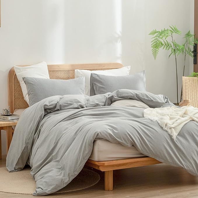 BESTOUCH Cotton Solid Duvet Cover Set Linen Feel Light Grey Full | 100% Washed Cotton, Soft Wrinkle Texture, Hidden Zipper, 8 Ties, Breathable Lightweight Durable Comfy, 3 Pcs No Insert