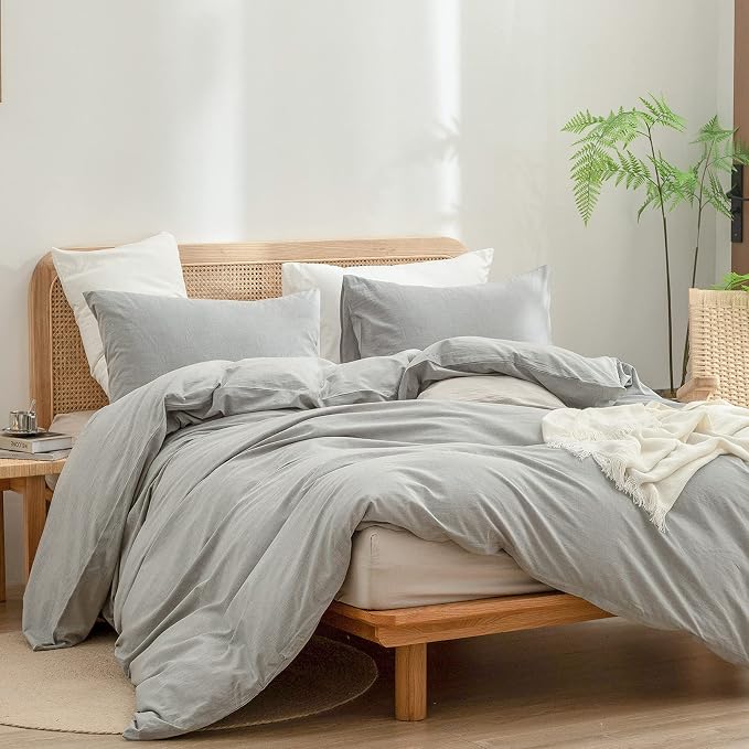 BESTOUCH Cotton Solid Duvet Cover Set Linen Feel Light Grey Oversized Queen | 100% Washed Cotton, Soft Wrinkle Texture, Hidden Zipper, 8 Ties, Breathable Lightweight Durable Comfy, 3 Pcs No Insert