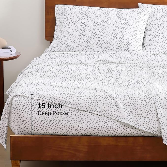 100% Organic Cotton White (Grey Dot) Full-Sheets Set, 4-Piece Long Staple Percale Weave Ultra Soft Best Bedding Sheets for Bed, Breathable, GOTS Certified, Fits Mattress Upto 15inch Deep
