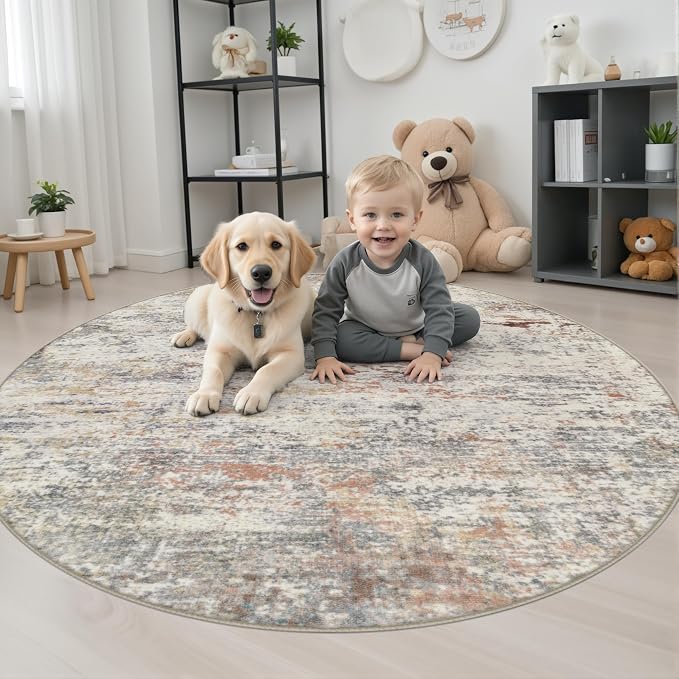 Round Area Rug Living Room: 5 ft Modern Washable Carpet Taupe | For Bedroom Dining Room Farmhouse Nursery Hallway Office,Modern Abstract,Machine washable,Non-Slip,Stain Resistant,Indoor