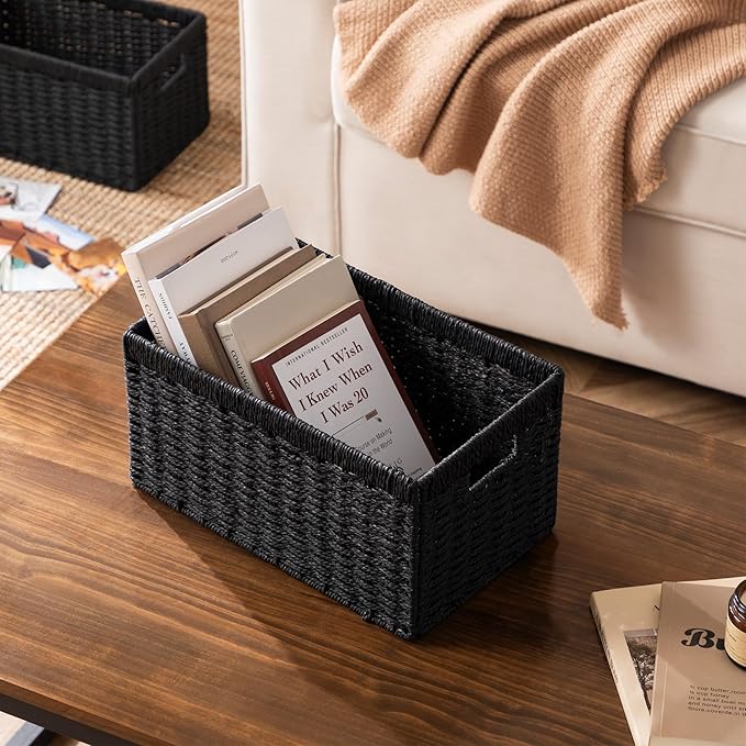 UBBCARE 2 Pack Wicker Basket, 13.4L×8.3H×7.1W inch Woven Paper Rope Storage Baskets for Shelves, Foldable Rectangular Storage Baskets with Handle, Storage Basket for Organizing, Black