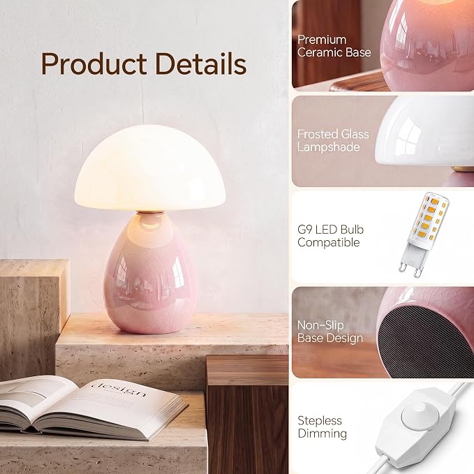 Mushroom Lamp Table Lamp for Bedroom-Small Desk Table Lamps,Pink | Ice Crackle 10.08" Mid Century Modern Table Lamps for Living Room Bedroom Decor,Ceramic Lamps for Home Room Decor,Glass Shade
