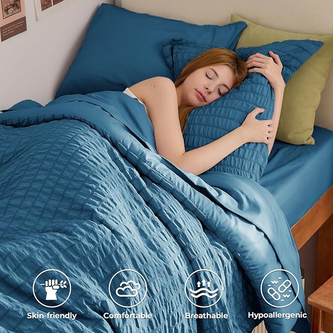HYMOKEGE Teal Twin Comforter Set Seersucker 5 Pieces, All Season Luxury Bed in a Bag for Bedroom, Bedding Set with Comforters, Sheets, Pillowcase & Sham