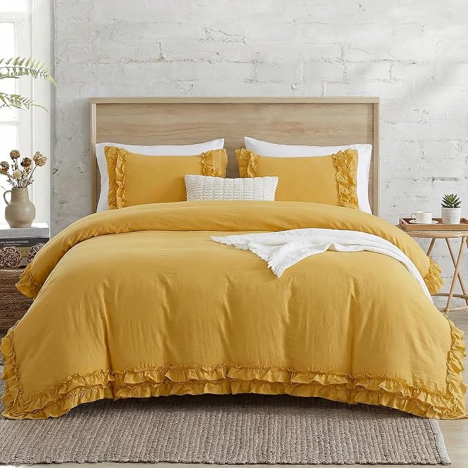 Bedorm Ginger Yellow Bedding Set King Ruffle Duvet Cover Super Soft Cozy Washed Microfiber Bedding Shabby Chic Coquette Decor Farmhouse Boho Duvet Cover Set