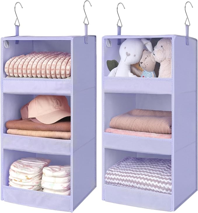 GRANNY SAYS 3-Shelf Hanging Closet Organizer, Foldable Storage, Purple | 33 lb Capacity, No-Sag Support, Keeps Clothes Neat, Folds Flat, Fits RV, Dorm & Small Closets, 2 Pack