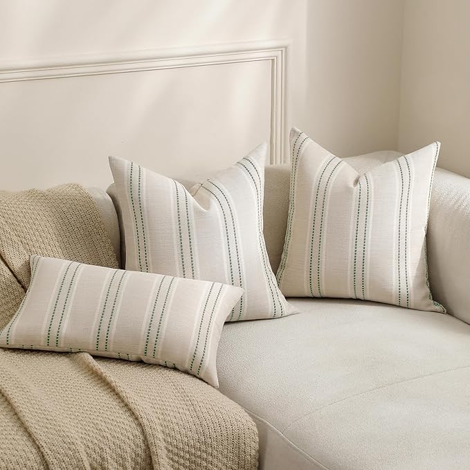 Hckot Sage GreenThrow Pillow Covers 12x20 Lumbar Striped Pillow Covers | Set of 2 Textured Linen Decorative Pillows Christmas Farmhouse Decor Cushion Covers for Couch Bed Living Room Home Decor