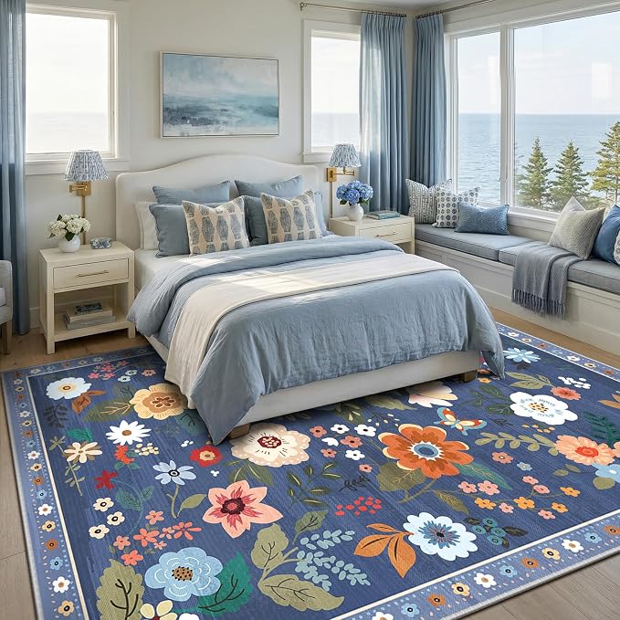 RELEANY Floral Washable 8x10 Area Rugs Blue/Grey | Flower Carpet, Print, Boho, Non-Slip, Easy to Clean, Soft, Low Pile for Living Room Bedroom Kitchen Office Entryway Hallway