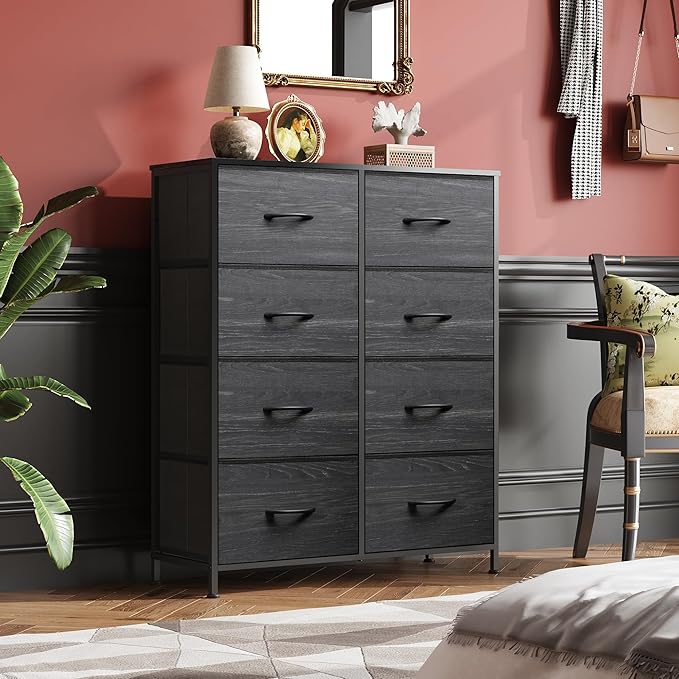 WLIVE 8 Drawer Fabric Dresser for Bedroom, Tall Storage Tower, Charcoal | Black tall 8-drawer fabric dresser with bins, sleek modern tower for bedroom home dorm closet storage