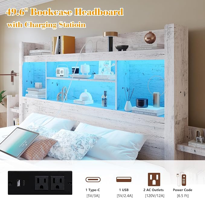 LUXOAK Full Bed Frame with Storage, Bookcase Headboard, Distressed White | 49.6" Headboard, Wood Platform Bed, Charging Station, Bedside Storage, 4 Storage Drawers, No Box Spring Needed, Farmhouse
