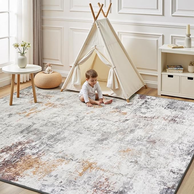 Rugflix 10x14 Area Rugs for Living Room, Washable Beige Grey Large Rug | Machine Washable; Stain-Resistant; Low Pile; Non-Slip; Modern Abstract; Carpet for Bedroom Dining Office Nursery Home
