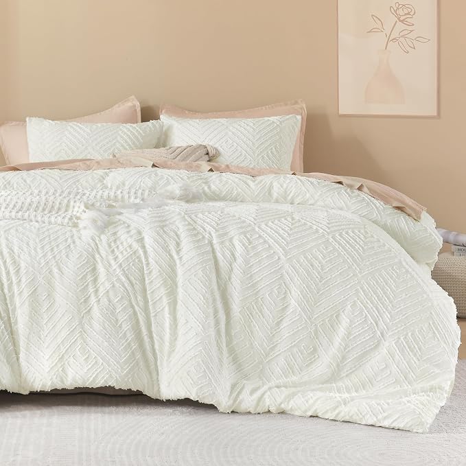 Litanika Oversized King Comforter Set, 3 Pcs Ivory Tufted Boho Bedding Set | Farmhouse Shabby Chic Vintage Bohemian Textured Aesthetic Soft Fluffy Lightweight Breathable All Season Bed Set