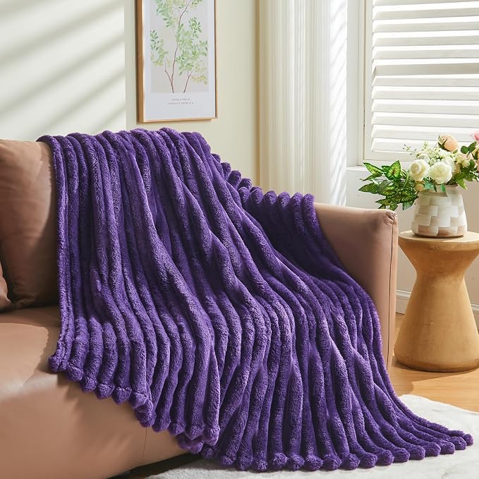 NEWCOSPLAY Fleece Ribbed Cozy Twin Blanket for Couch, Purple, 60"x80" | Premium Silky Flannel Blanket, Soft Lightweight Fluffy Throw Blanket for Bed Sofa Decor, Gift for All Season Use