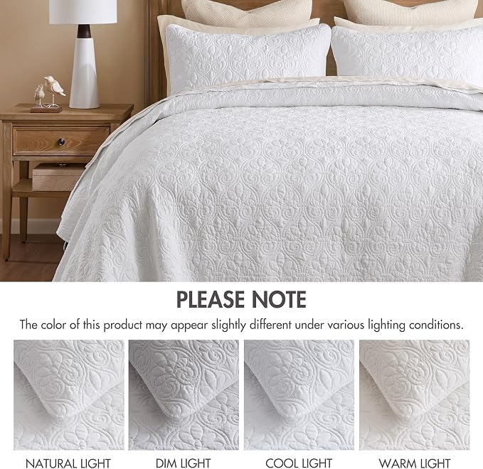 Madison Park Twin Quilt Bedding Set, Cottage-Inspired Damask, 2PC | All Season Quilted Coverlet, Classic Stitch Pattern Bedspread & Shams, Ultra Soft Microfiber Bedspread Set, White