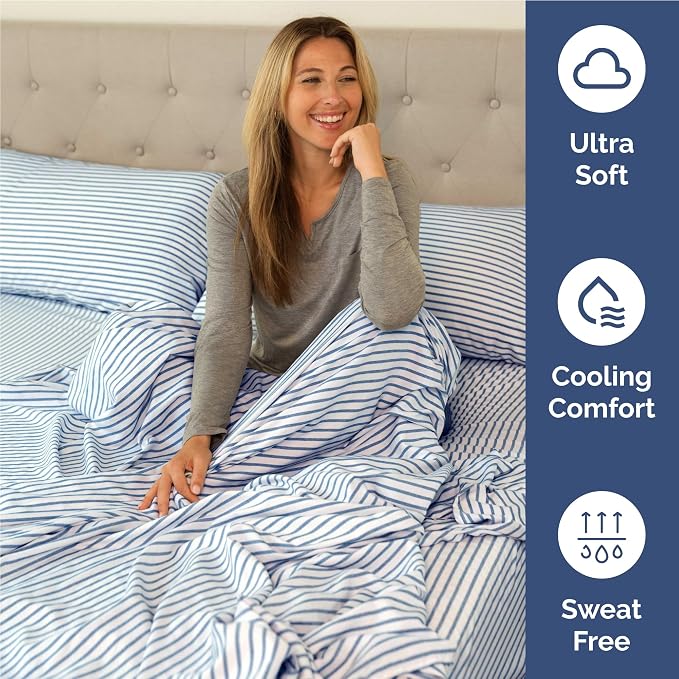 Full 6 Piece Bed Sheet Set - Breathable & Cooling Sheets - Blue Stripes | Ultra-Soft Hotel Luxury Bedding Set with 8-16 Inch Deep Pockets, 1 Flat & 1 Fitted Sheet & 4 Pillowcases, Wrinkle & Fade Free