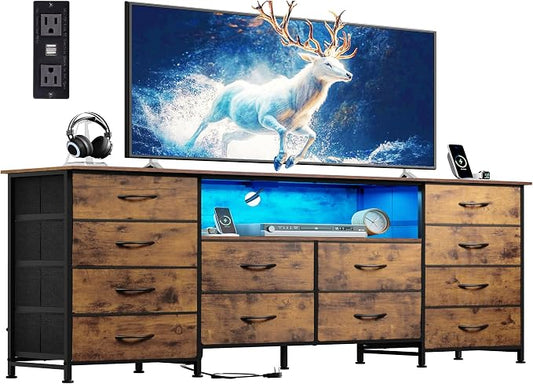 WLIVE Dresser TV Stand for 75 Inch TV, 12 Drawer LED Dresser, Rustic Brown | Fits TVs up to 75 inch, 12 fabric drawers, Built-in power outlet, Chest of drawers, Living room or bedroom