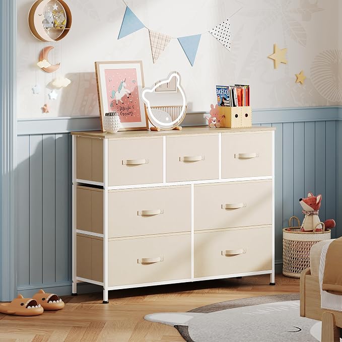 WLIVE Dresser for Bedroom, 7 Drawers, TV Stand, Cream White | 7 roomy fabric drawers, Fits TVs up to 45 inch, Bedroom or living room, Wide storage design, Chest of drawers