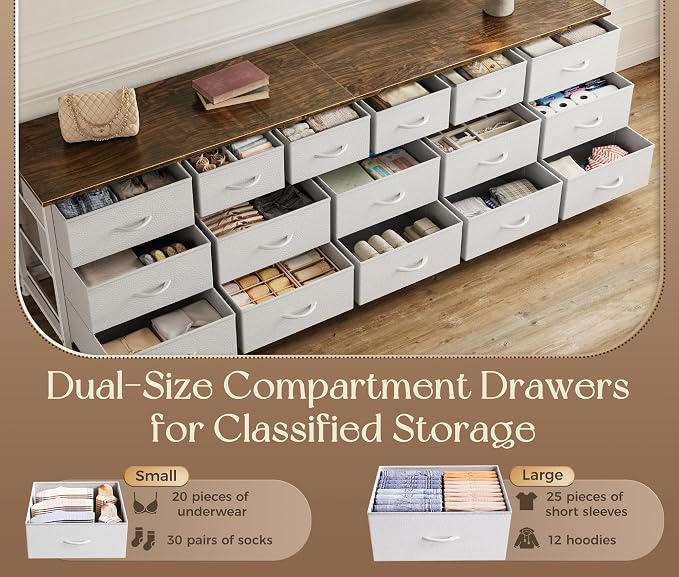 Huuger 77.6" Long Dresser for Bedroom, 16 Drawer Fabric Dresser for Closet, Wide Chest of Drawers with Storage, TV Stand for 65, 75, 85 Inch TV, 77.6" W x 13" D x 26.4" H, Farmhouse White