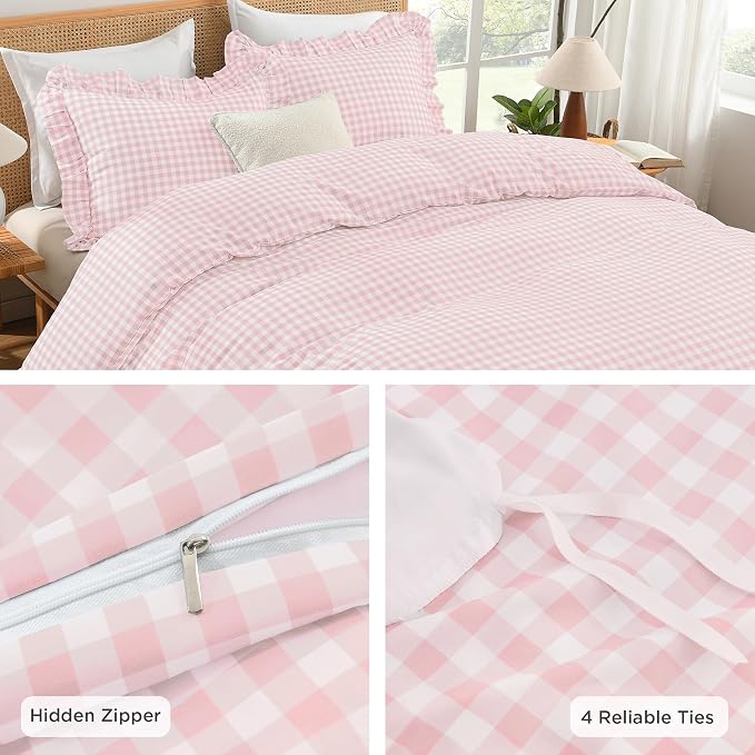 Andency Pink Gingham Duvet Cover King, Ruffle Shabby Chic Bedding Set 3 Pcs | Farmhouse Soft Pre-Washed Polyester Comforter Cover with Zipper Closure & Corner Ties, 104x90Inch