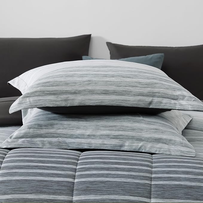 Monbix Queen Comforter Set-7 Pieces Striped Bed in a Bag Queen Bedding Sets | All Season Grey Reversible Soft Comforter Bed Set with Sheets, Pillowcases & Shams