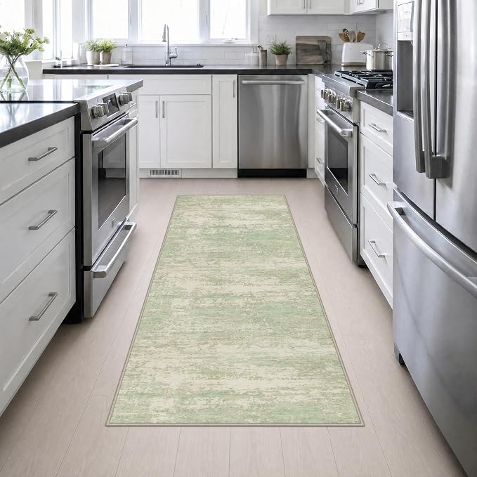 3x8 Washable Runner Rug：Modern Abstract Soft Carpet Green Cream | For Hallway, Bedroom, Kitchen, Laundry, Bathroom,Door Mat,Modern Abstract,Machine washable,Non-Slip,Stain Resistant,Indoor