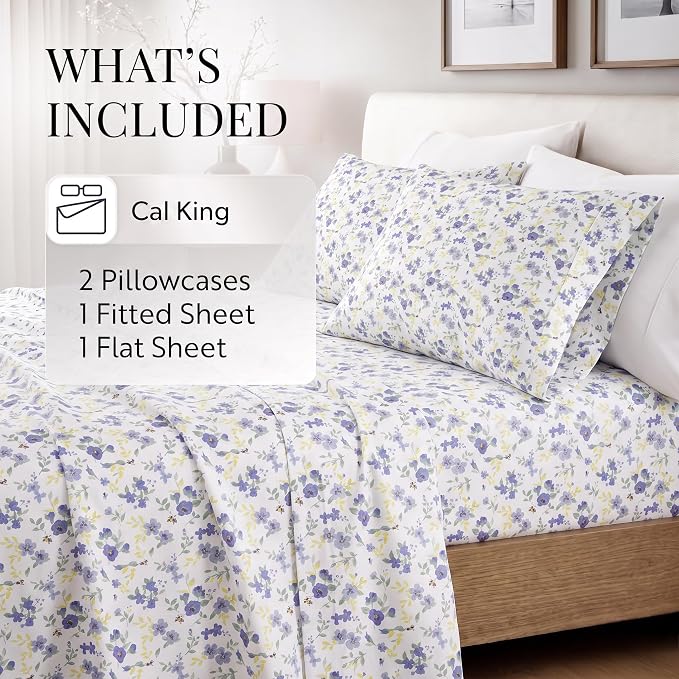 Linen Market Double-Brushed Patterned Microfiber California King Sheet Set 4 Piece – OEKO-TEX Certified Ultra Soft & Wrinkle-Free - 16" Deep Pocket Sheets Easy Care Cal-King Size - Blossoms Light Blue