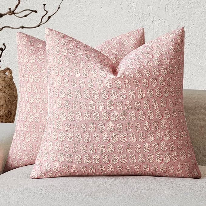 Foindtower Set of 2 Decorative Vintage Floral Print Throw Pillow Covers Neutral Modern Farmhouse Cushion Covers Boho Home Decor for Sofa Couch Chair Bedroom Living Room Outdoor,20×20 Inch,Light Pink