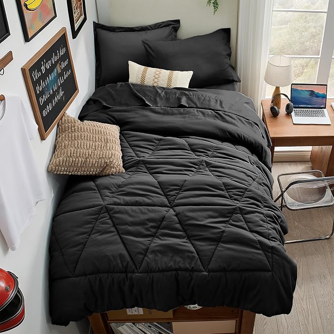 BEDELITE Twin XL Comforter Set 5 Pieces, Solid Black Bed in A Bag | Soft All Season Down-Alternative Comforter, Sheets, Pillowcases & Shams, OEKO-TEX Certified Bedding for Drom Room, College