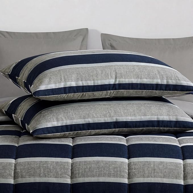 Monbix Full Size Comforter Sets - 7 Pieces Bed in a Bag Full Bedding Set | All Season Grey Striped Reversible Soft Comforter Bed Set with Sheets, Pillowcases & Shams