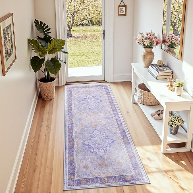 RELEANY Washable Area Rug, Runner 2'x5', Purple | Non-Slip, Water Repellent, Pet Friendly, Easy to Clean, Vintage Floral Boho Decor for Kitchen Entry Bedroom Bedside Laundry