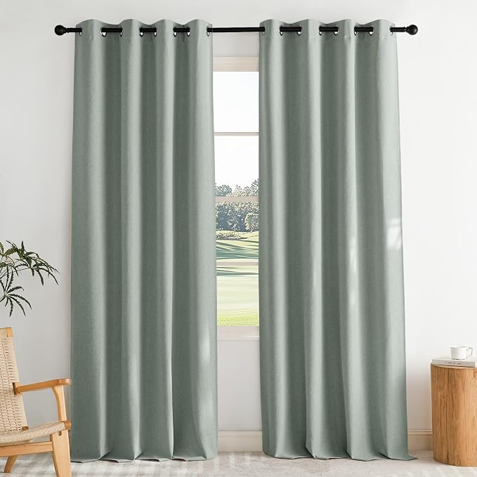 NICETOWN Full Shade Faux Linen Curtains 96" Long for Living Room, Pair of Energy Smart & Noise Blocking Blackout Shield, Thermal Insulated Window Dressing Crisp Fabric, Sage Green