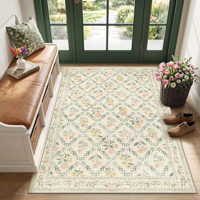 PLHXFR Area Rug Living Room: 3x5 Floral Washable Boho Carpet Beige Multi | For Bedroom Dining Room Farmhouse Nursery Hallway,Vintage Floral,Machine washable,Non Slip,Stain Resistant,Large Indoor