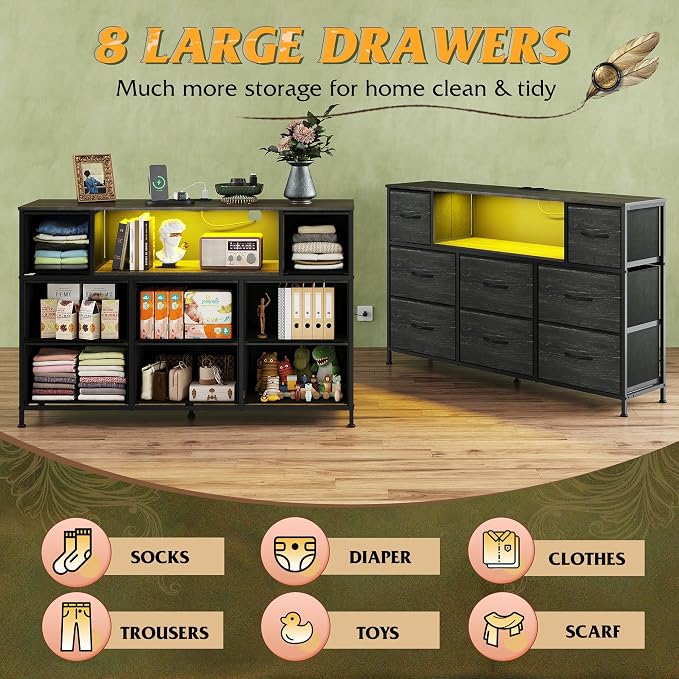 WLIVE Dresser TV Stand for 55 Inch TV, 8 Drawers, LED, Black Wood Grain | Fits TVs up to 55 inch, 8 fabric drawers, Built-in power outlet, Chest of drawers, Living room or bedroom
