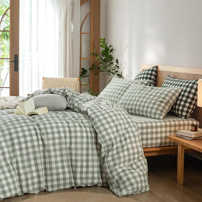 BESTOUCH Gingham Cotton Duvet Cover Set Sage Green California King | Washed Cotton, Linen Feel, Soft Wrinkle Texture, Hidden Zipper, 8 Ties, Breathable Lightweight Durable Comfy, 3 Pcs No Insert