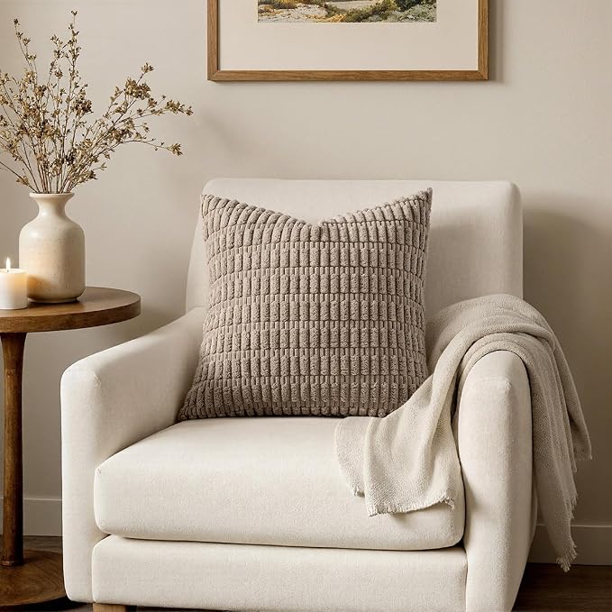 MIULEE Corduroy Decorative Throw Pillow Covers 16x16 Light Brown Pack of 2 | Soft Boho Striped Pillow Covers Modern Farmhouse Fall Home Decor For Sofa Living Room Couch Bed