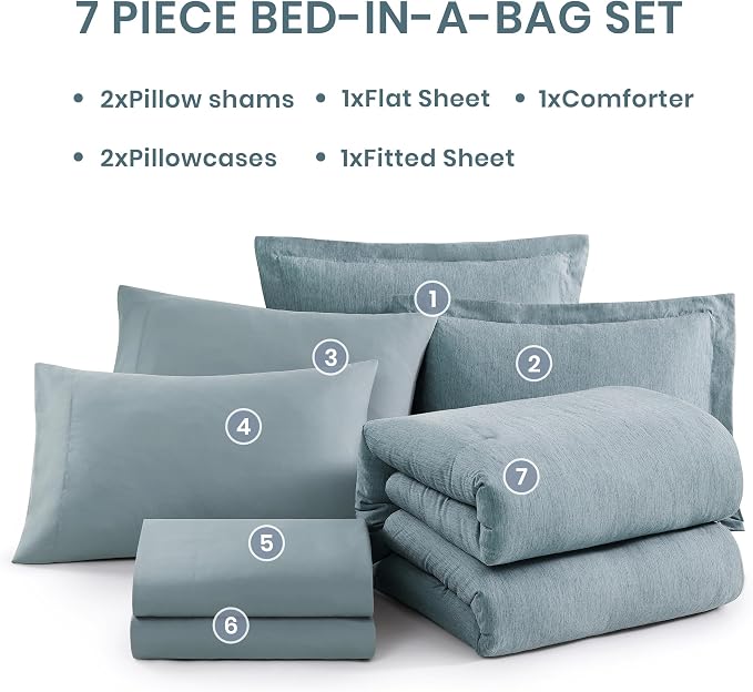 Monbix Full Comforter Set 7 Pieces Dusty Blue Cationic Dyeing Bed in a Bag | Lightweight Reversible All Season Bedding Sets with Comforter, Sheets, Pillowcases & Shams