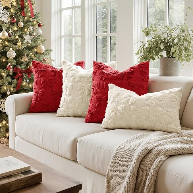 MIULEE Red Bow Pillow Covers Coquette Room Decor 18x18 | Aesthetic Decorative Cute Girl,Set of 2 Cushion Covers,Soft Plush Faux Pillowcases,Preppy Room Decor Bedroom Couch