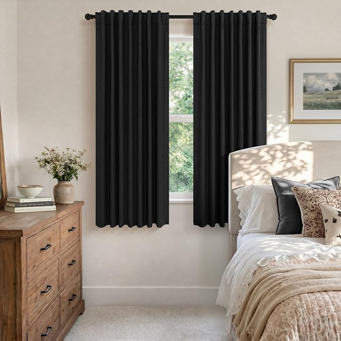 Nursery Blackout Curtains 63 Inch Length for Bedroom 2 Panels Back Tab Pocket Heavy Thick Linen Textured Room Darkening Sound Proof Insulated Thermal Dark Out Black Curtain for Winter 63 Inches Long