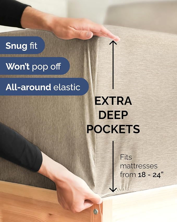 Flex Top Split Head King Sheet Set - 4 Piece Extra Deep - Heathered Beige | Easily Fits 18 to 24 inch Mattress, Ultra Soft, Wrinkle & Fade Free with Extra Deep Pockets, Comfy Hotel Luxury Bedding