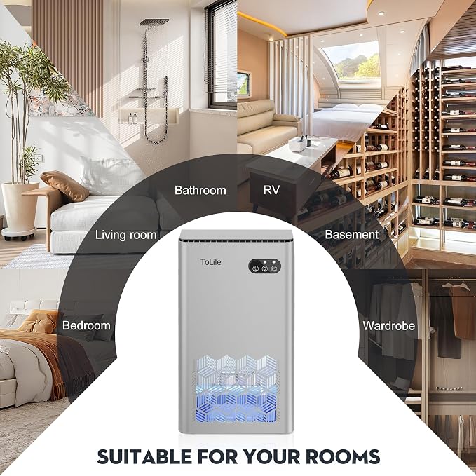 ToLife Dehumidifier, 1000 Sq Ft 95 oz Tank with Sleep Mode, Auto Shutoff | Portable for Home, Bedroom, Bathroom and Basement with 7-Color LED Light, Silver
