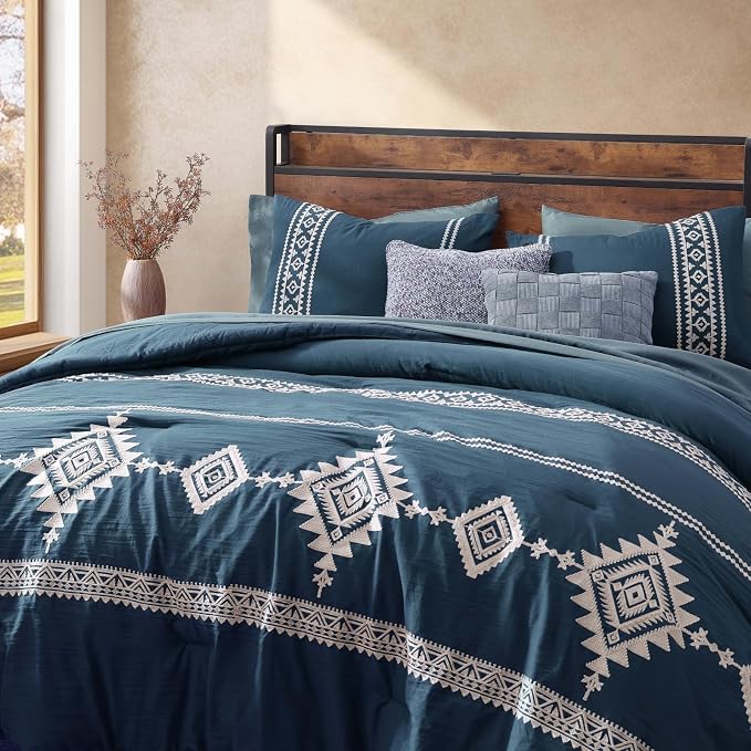 MaiRêve Embroidery King Size Comforter Set 7 Pieces Navy Blue Bed in a Bag | Western Boho Farmhouse Bedding Sets with Comforter, Sheets, Pillowcases & Shams