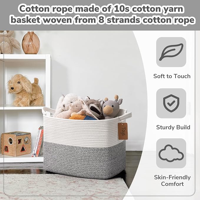 Goodpick 50L Large Woven Rope Storage Basket with Handles, Light Gray | 18" × 14" × 12" Stylish Gift Basket for Living Room & Nursery Organization, Fits Blankets, Toys & Home Essentials Storage