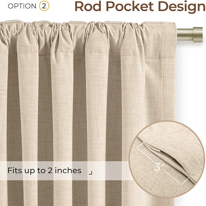 INOVADAY 100% Blackout Linen Curtains for Bedroom 50x90 Inches Natural Flax | Linen Textured, Light Blocking, Room Darkening, Thermal Insulated, Back Tab Top, Window Curtains for Living Room, 2 Panels