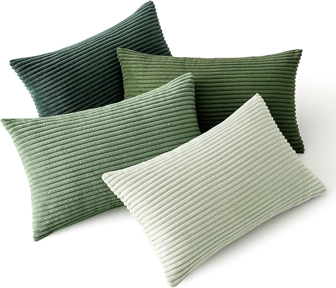 MIULEE Soft Corduroy Decorative Lumbar Pillow Covers Forest Green 12x20 | Set of 4, Mordern Nordic Home Decor, Green Gradient Matching, Boho Farmhouse Throw Pillows for Couch Bed Sofa Living Room