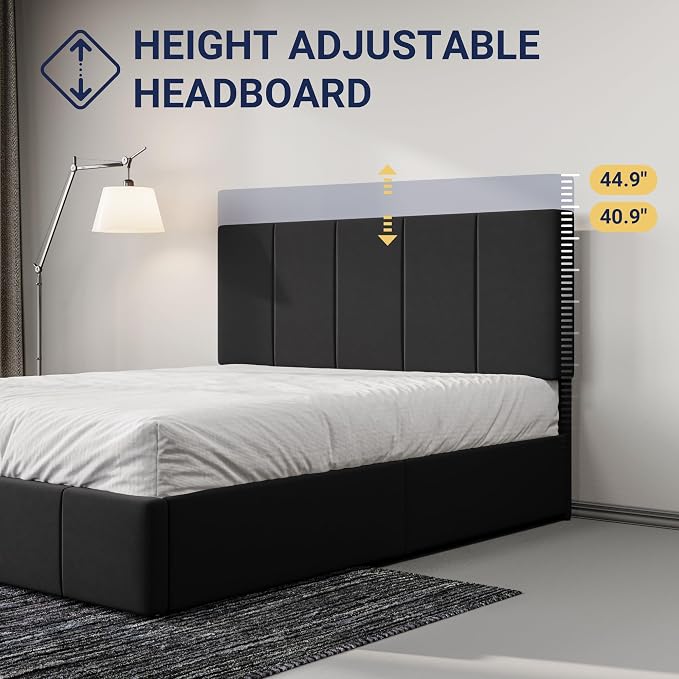 Allewie Full Size Dutch Velvet Upholstered Platform Bed Frame/Vertical Channel Tufted Adjustable Headboard/Low Profile Bed Frame/No Box Spring Needed/Easy Assembly/Black