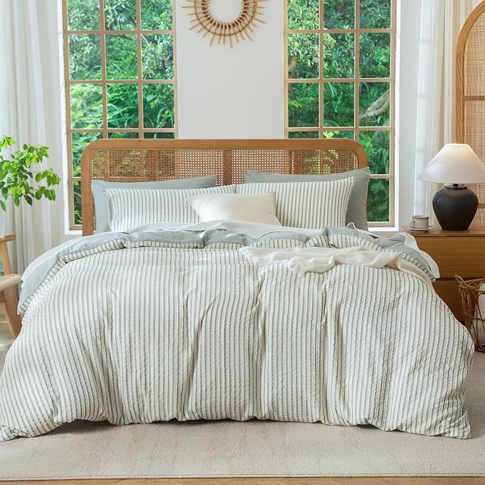 King Size Comforter Set Striped Soft Luxury Washed Microfiber Jacquard 3 Pieces Bedding, Sage Green Vertical Ticking Stripes Pattern Comforter with 2 Pillowcases Breathable Durable Comfy