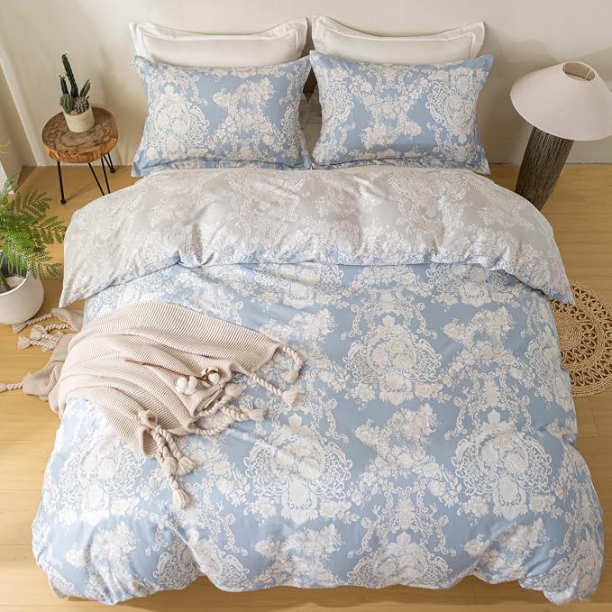 OAITE King Duvet Cover Set 3pcs 100% Cotton with Blue Damask Vintage Floral | Soft, Breathable,Long-lasting,Comfort,Dual Zipper,8 Corner Ties,Easy Care for All Season