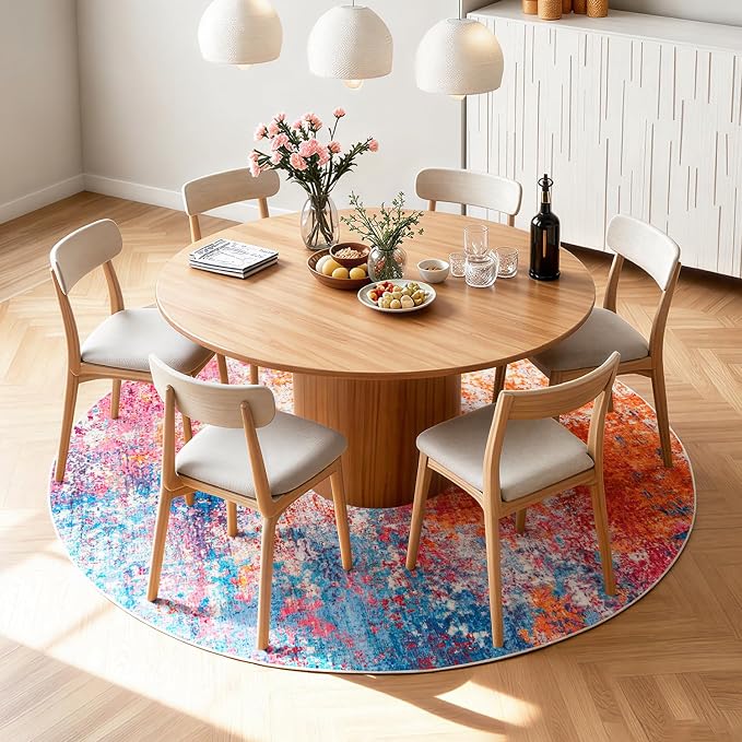 Rugflix Round Area Rugs 4Ft for Living Room, Washable Colorful Circle Rug | Machine Washable; Stain-Resistant; Low Pile; Non-Slip; Modern Abstract; Carpet for Bedroom Dining Office Nursery Home