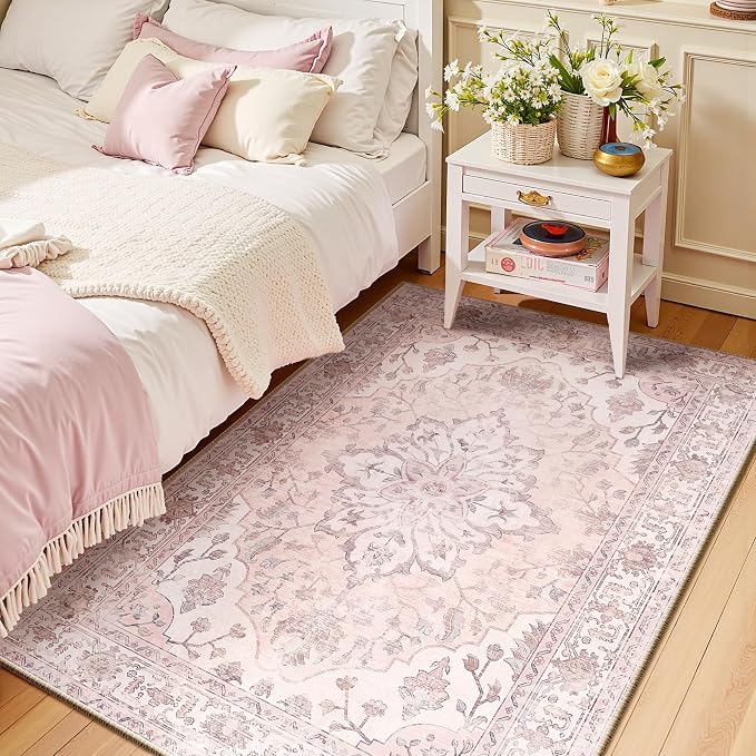 RELEANY Washable Area Rug, 3'x5', Pink | Non-Slip, Water Repellent, Pet Friendly, Easy to Clean, Vintage Floral Boho Decor for Living Room Bedroom Beside Kitchen